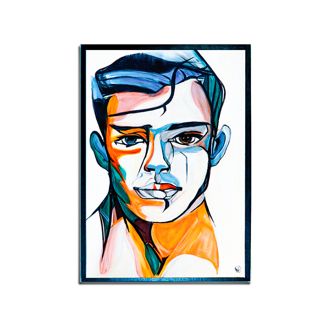 Modern abstract portrait of a young man in vibrant blue, orange, and white brushstrokes on canvas art.