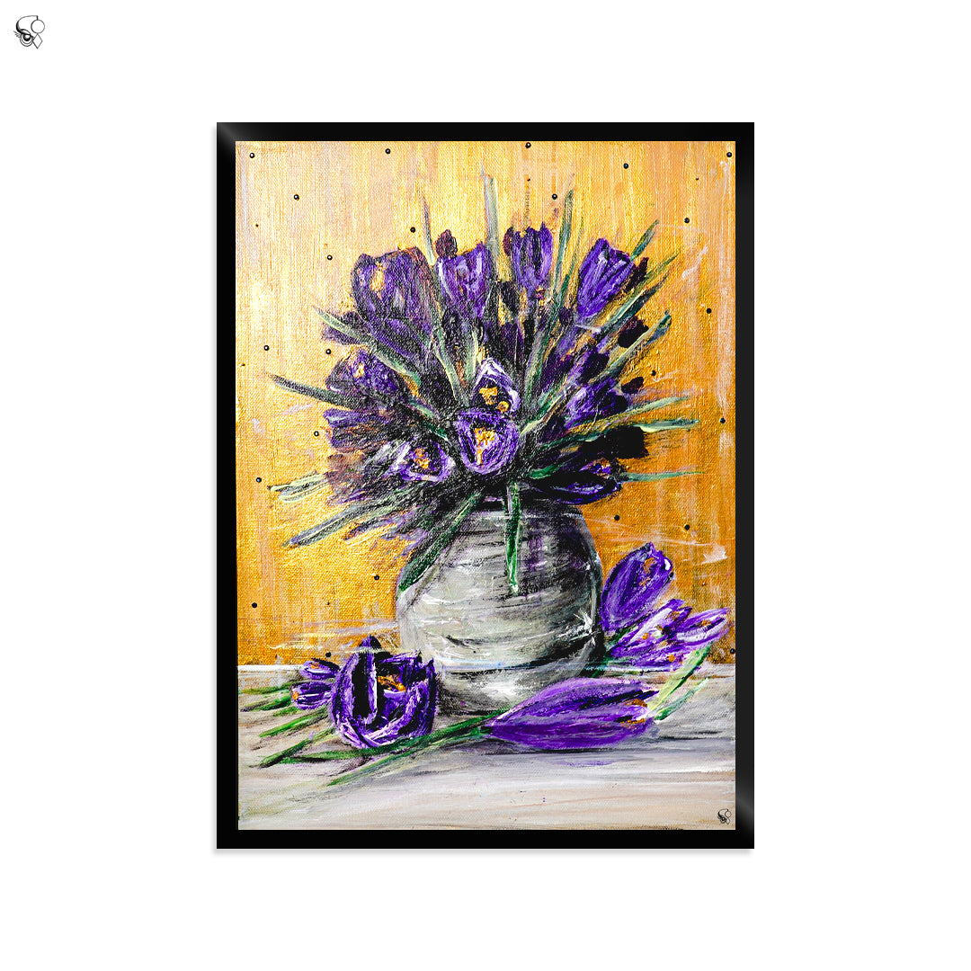 Oil painting of a bouquet of purple crocus flowers in a gray vase on a wooden surface with a golden background.