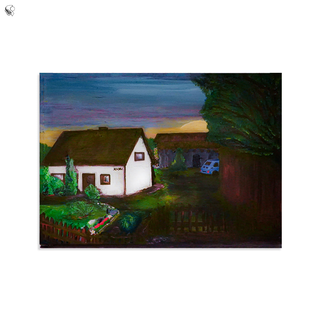 Painting of a small house with a lit window at dusk, surrounded by trees and a wooden fence in a rural setting.