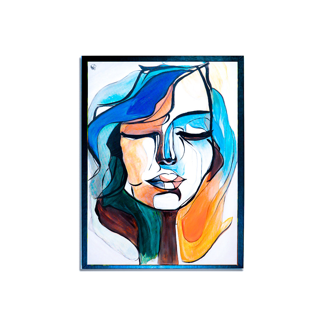Abstract portrait painting of a woman's face with flowing blue, orange, and brown brushstrokes on canvas.